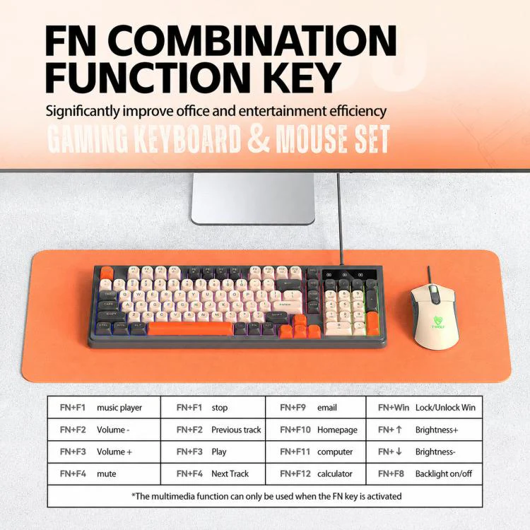 T-WOLF TF330 Wired Keyboard And Mouse Combo 3-Color Block Retro Gaming Keyboard With 98-Key Compact Layout, RGB Backlit(Blue Black) - Image 8