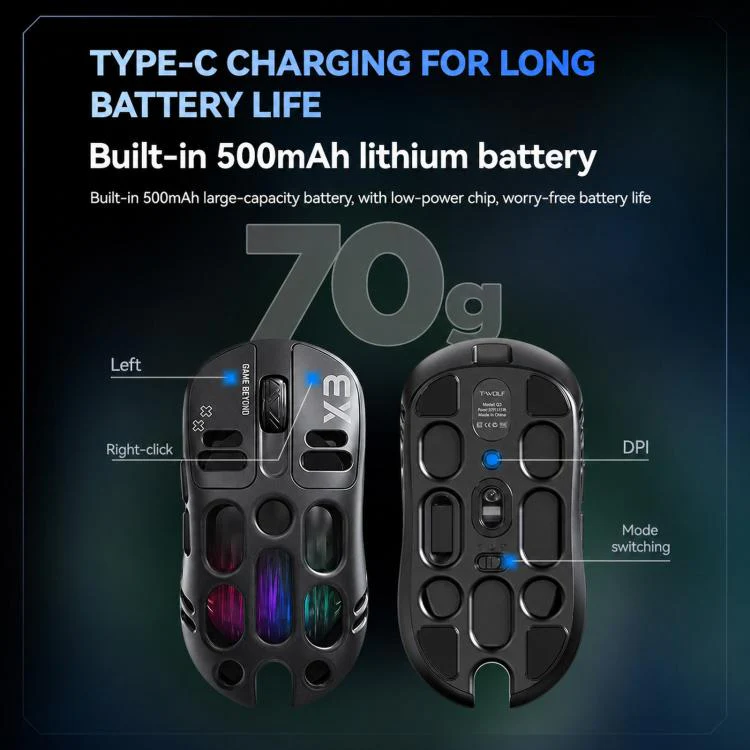 T-WOLF X3 Tri-Mode Wireless Gaming Mouse Ultra-Lightweight Hollow-Out Honeycomb Shell 8000 DPI(Black) - Image 10