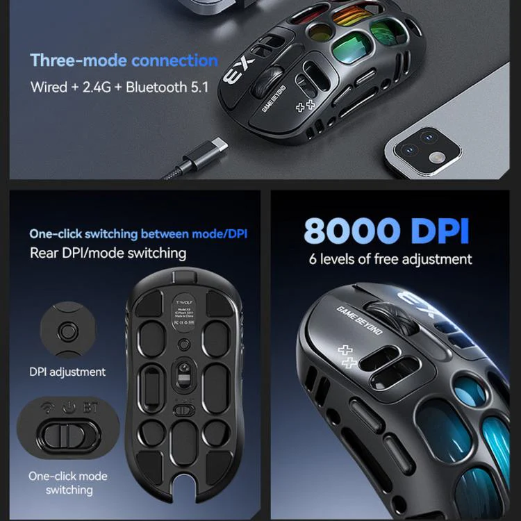 T-WOLF X3 Tri-Mode Wireless Gaming Mouse Ultra-Lightweight Hollow-Out Honeycomb Shell 8000 DPI(Silver) - Image 4