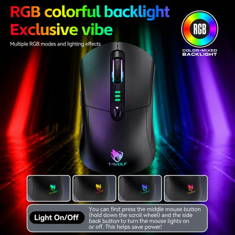T-WOLF X5 Tri-Mode Wireless Gaming Mouse 12800 DPI Adjustable Rechargeable Gamer Mouse With RGB Backlit(Black Orange) - Image 3