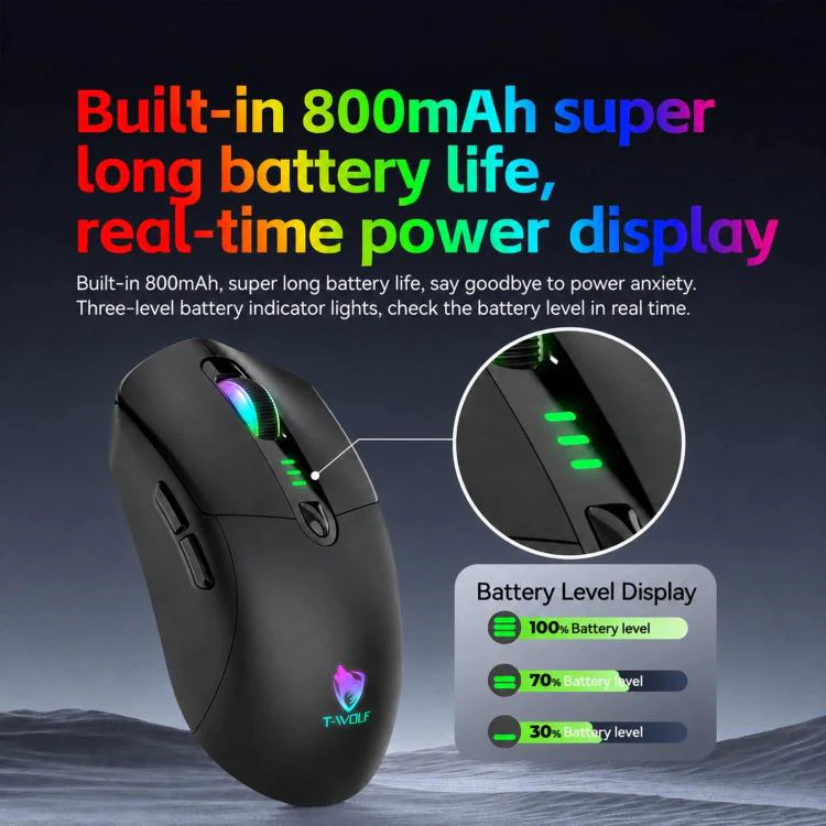 T-WOLF X5 Tri-Mode Wireless Gaming Mouse 12800 DPI Adjustable Rechargeable Gamer Mouse With RGB Backlit(Black Orange) - Image 7