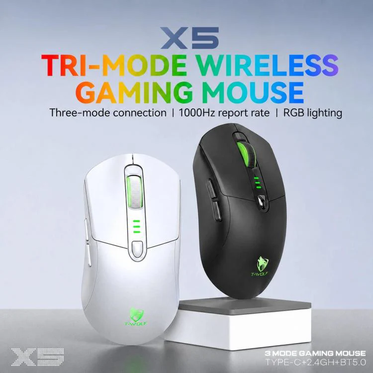 T-WOLF X5 Tri-Mode Wireless Gaming Mouse 12800 DPI Adjustable Rechargeable Gamer Mouse With RGB Backlit(Black Red) - Image 2