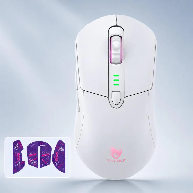 T-WOLF X5 Tri-Mode Wireless Gaming Mouse 12800 DPI Adjustable Rechargeable Gamer Mouse With RGB Backlit(White Purple)