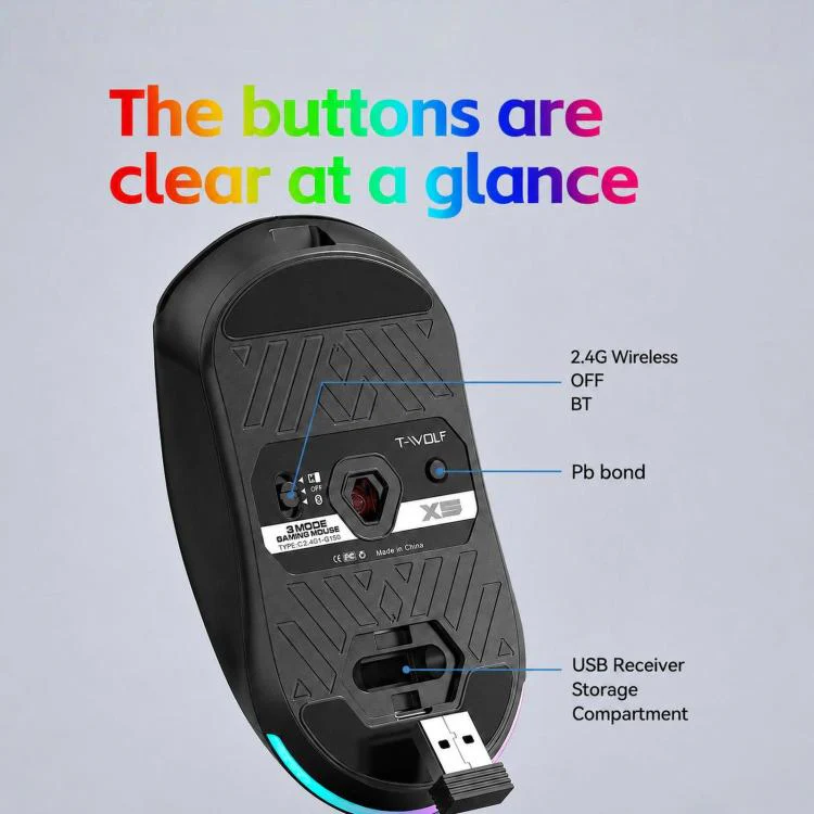T-WOLF X5 Tri-Mode Wireless Gaming Mouse 12800 DPI Adjustable Rechargeable Gamer Mouse With RGB Backlit(White Purple) - Image 10