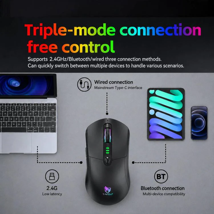 T-WOLF X5 Tri-Mode Wireless Gaming Mouse 12800 DPI Adjustable Rechargeable Gamer Mouse With RGB Backlit(White Purple) - Image 6