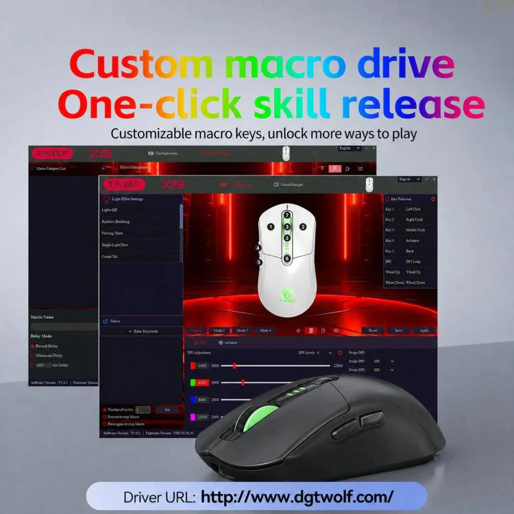 T-WOLF X5 Tri-Mode Wireless Gaming Mouse 12800 DPI Adjustable Rechargeable Gamer Mouse With RGB Backlit(White Purple) - Image 8