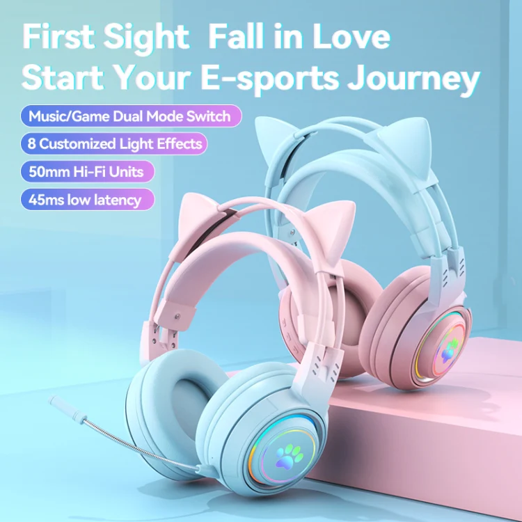 T25 RGB Stereo Cat Ear Bluetooth Wireless Headphones with Detachable Microphone(Black) - Image 2
