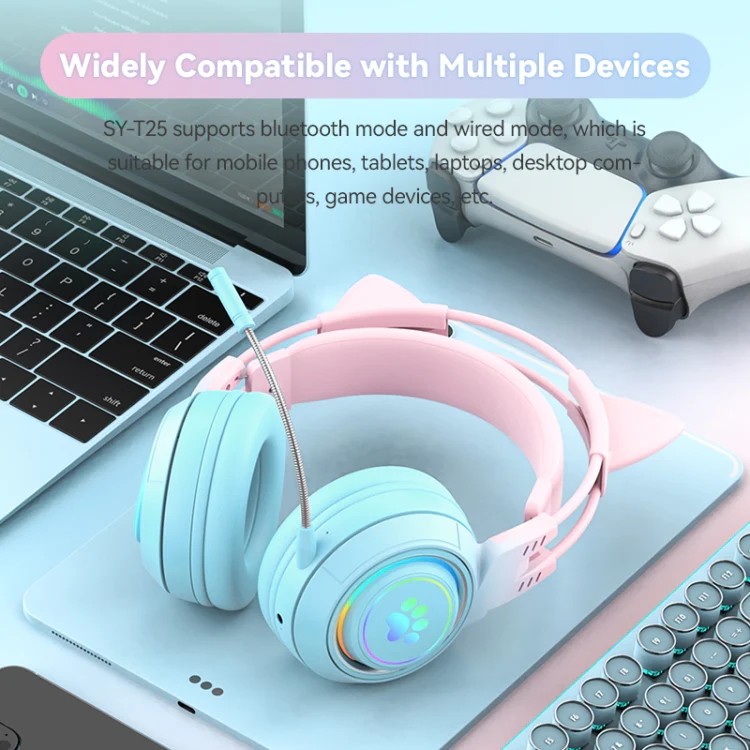 T25 RGB Stereo Cat Ear Bluetooth Wireless Headphones with Detachable Microphone(Pink) - Image 4