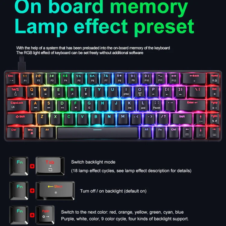 T8 68 Keys Mechanical Gaming Keyboard RGB Backlit Wired Keyboard, Cable Length:1.6m(Black Green Shaft) - Image 5