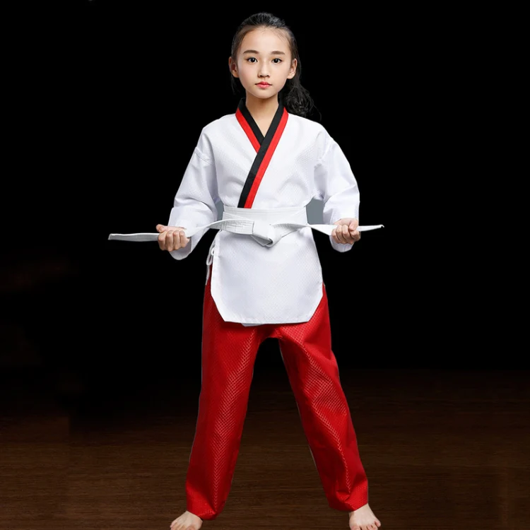 Taekwondo Clothing Child Adult Cotton Men And Women Taekwondo Training Uniforms, Size: 150(Pinoscience Red Pants)