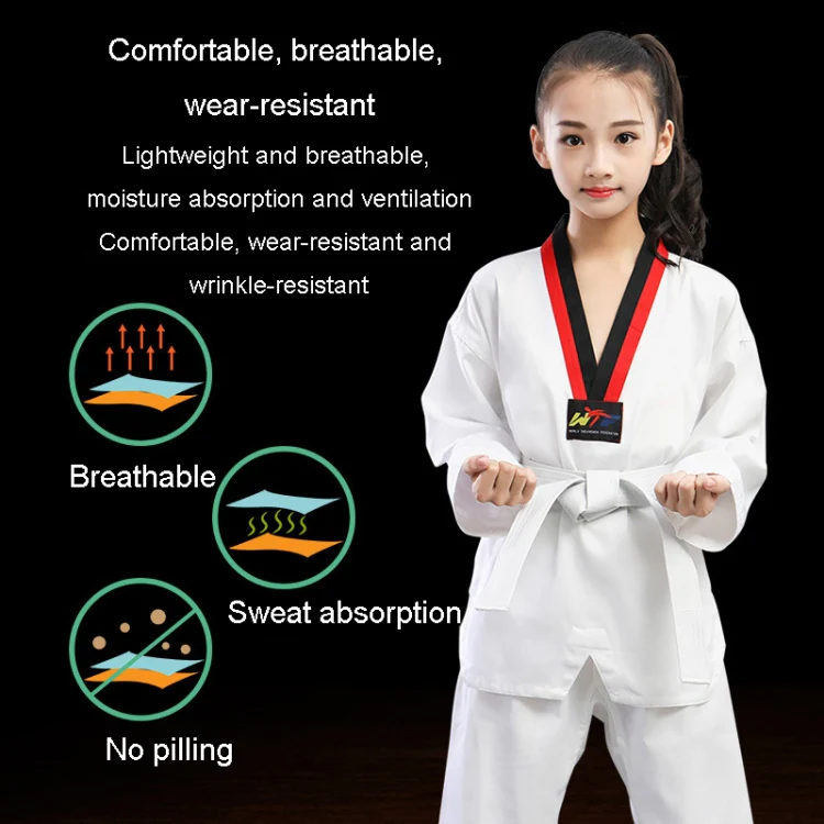 Taekwondo Clothing Child Adult Cotton Men And Women Taekwondo Training Uniforms, Size: 160(Pinoscience Red Pants) - Image 3