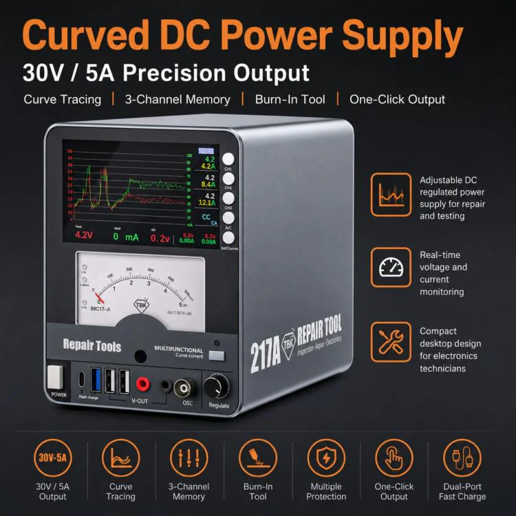 TBK 217A 30V / 5A 3-Channel Storage Curved DC Regulated Power Supply with Hyperbola Display, Plug:US Plug - Image 4