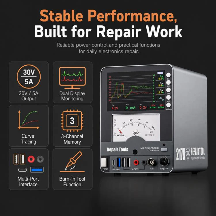 TBK 217A 30V / 5A 3-Channel Storage Curved DC Regulated Power Supply with Hyperbola Display, Plug:US Plug - Image 5