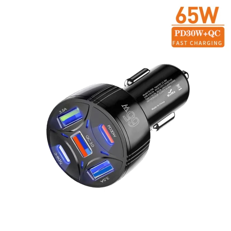 TE-P50 65W PD30W Type-C x 2 + USB x 3 Multi Port Car Charger with 1m Type-C to 8 Pin Data Cable(Black) - Image 2