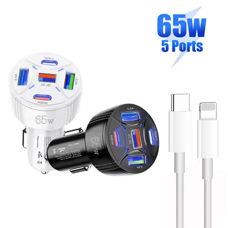 TE-P50 65W PD30W Type-C x 2 + USB x 3 Multi Port Car Charger with 1m Type-C to 8 Pin Data Cable(Black) - Image 3