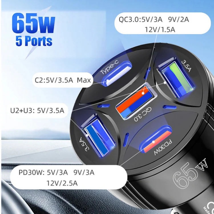 TE-P50 65W PD30W Type-C x 2 + USB x 3 Multi Port Car Charger with 1m Type-C to 8 Pin Data Cable(Black) - Image 5