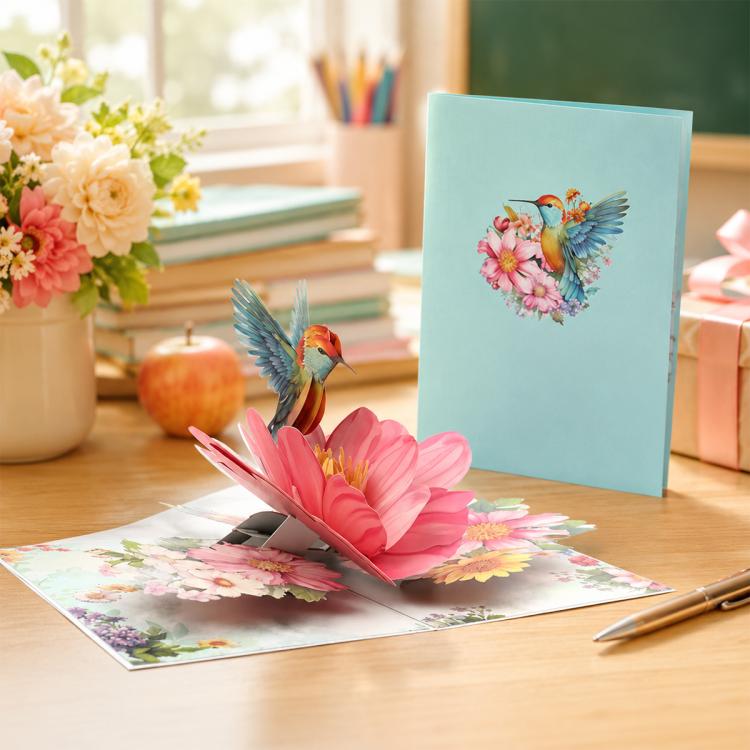 TeacherS Day 3D Paper-Cut Greeting Card(Hummingbird Flower)