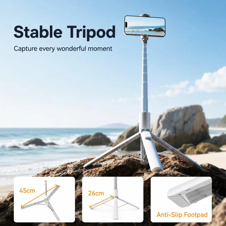 TELESIN 1.7m Auto-Opening Tripod Selfie Stick with Magnetic Remote, Ground-Triggered Phone Tripod Stand with Cold Shoe Mount(White) - Image 10