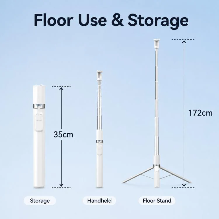 TELESIN 1.7m Auto-Opening Tripod Selfie Stick with Magnetic Remote, Ground-Triggered Phone Tripod Stand with Cold Shoe Mount(White) - Image 13