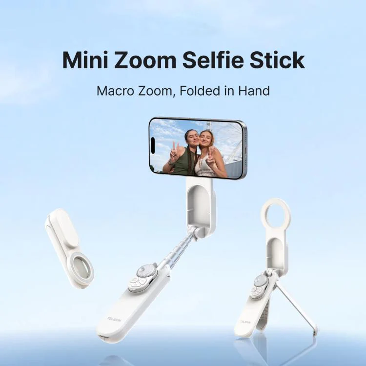 TELESIN Magnetic Phone Selfie Stick Zoom Control Tripod 13cm Pocket-Sized Foldable Lightweight Aluminum Travel Phone Holder(White)
