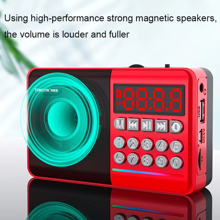 TEMEIYIN LED Digital Display Card Bluetooth Radio Speaker Morning Exercise Portable Player, Color: Red - Image 3
