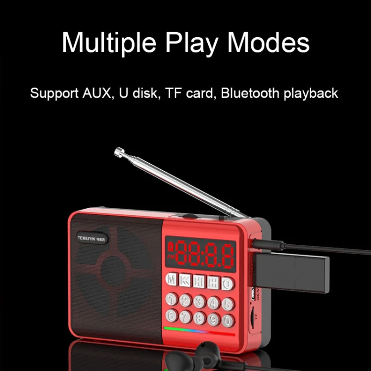 TEMEIYIN LED Digital Display Card Bluetooth Radio Speaker Morning Exercise Portable Player, Color: Red - Image 5
