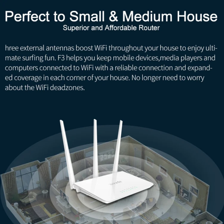 Tenda F3 Wireless 2.4GHz 300Mbps WiFi Router with 3*5dBi External Antennas(White) - Image 6