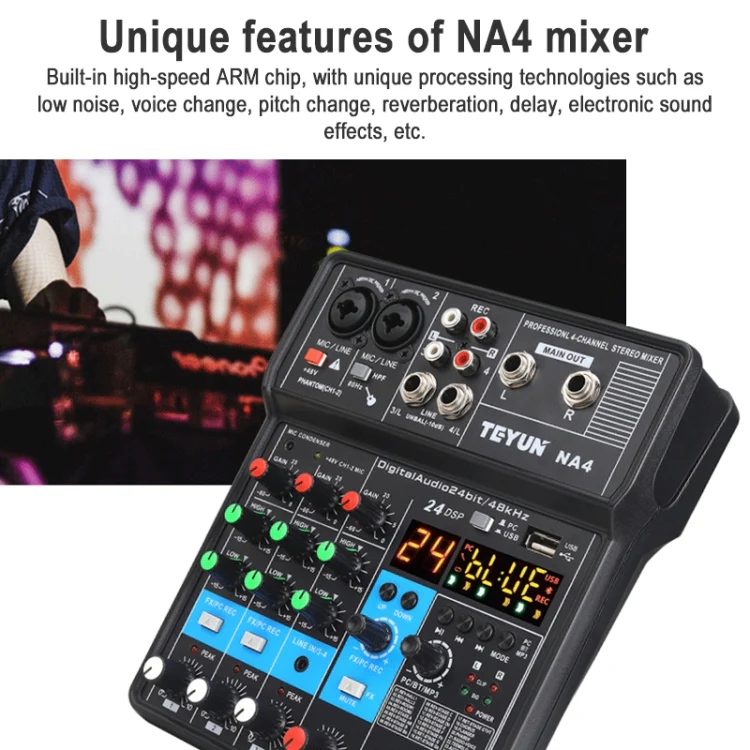 TEYUN NA4 4-channel Small Mixing Console Mobile Phone Sound Card Live Broadcast Computer Recording Console Processor, EU Plug(Black) - Image 3