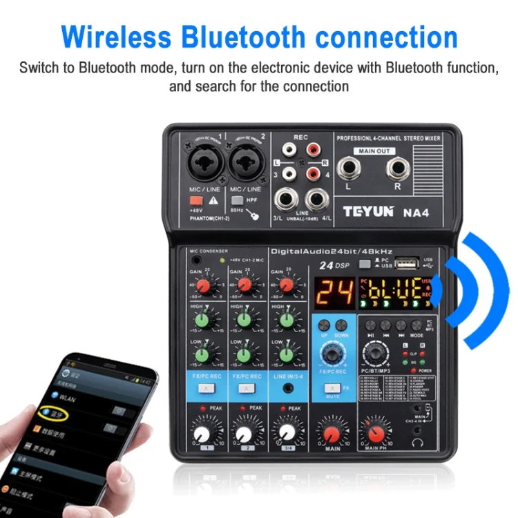 TEYUN NA4 4-channel Small Mixing Console Mobile Phone Sound Card Live Broadcast Computer Recording Console Processor, EU Plug(Black) - Image 4