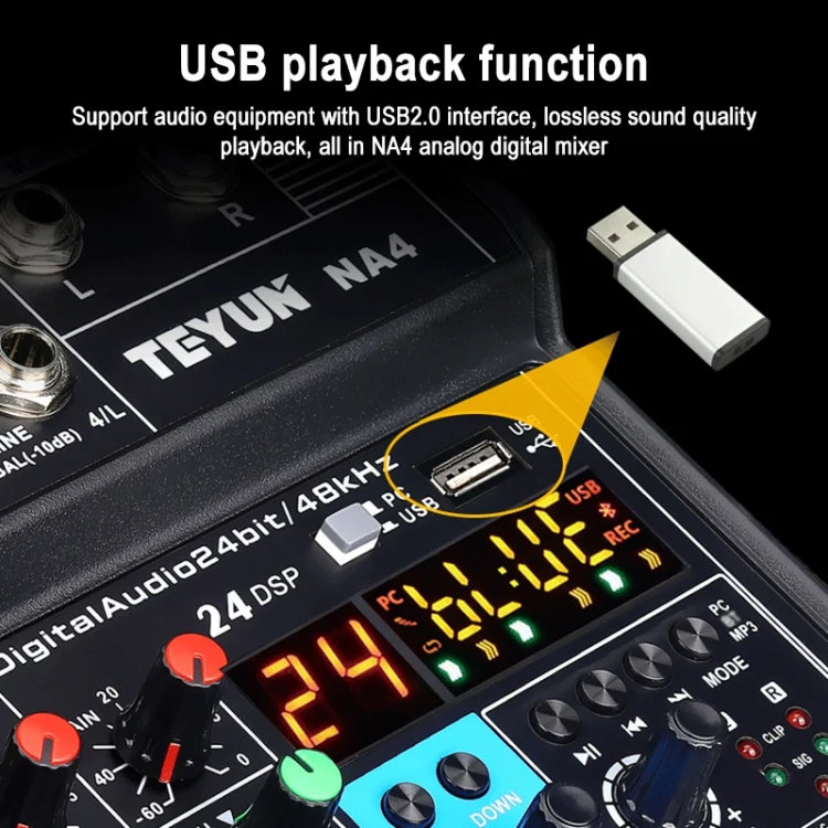 TEYUN NA4 4-channel Small Mixing Console Mobile Phone Sound Card Live Broadcast Computer Recording Console Processor, EU Plug(Black) - Image 5