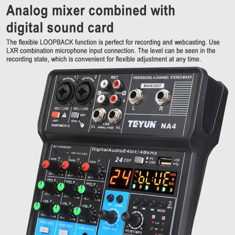 TEYUN NA4 4-channel Small Mixing Console Mobile Phone Sound Card Live Broadcast Computer Recording Console Processor, EU Plug(Black) - Image 6