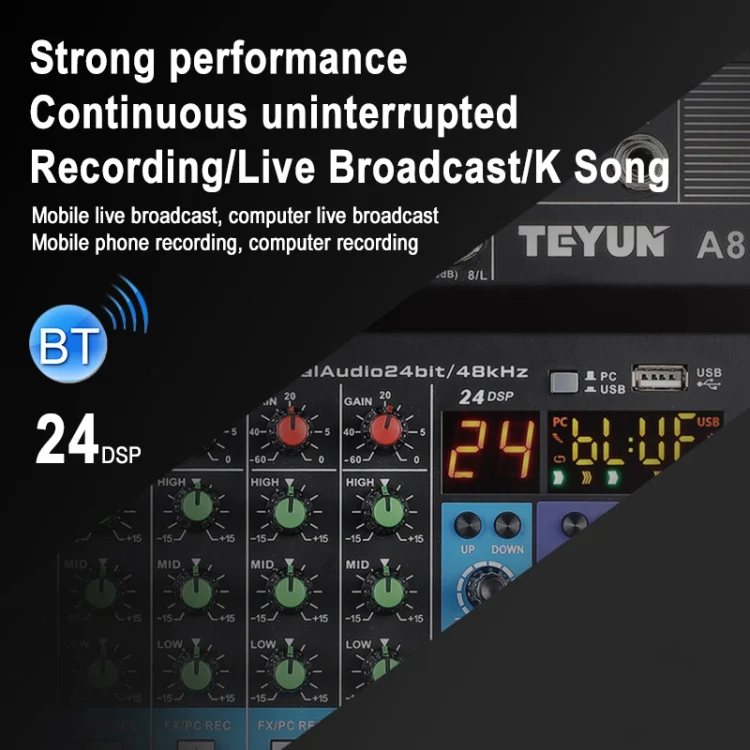 TEYUN NA8 8-channel Small Mixing Console Mobile Phone Sound Card Live Broadcast Computer Recording Console Processor, US Plug(Black) - Image 5
