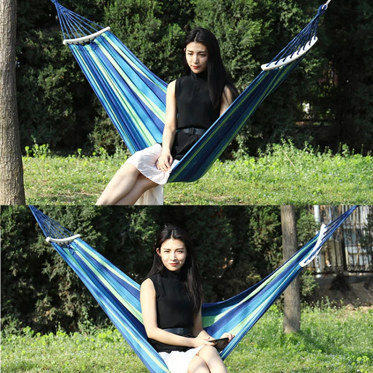 Thick Canvas Hammock Field Rollover Prevention Outdoor Hammock Swing 260x100 With Stick (Blue Stripes) - Image 2