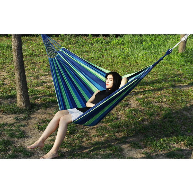 Thick Canvas Hammock Field Rollover Prevention Outdoor Hammock Swing 260x150 With Stick (Blue Stripes) - Image 6