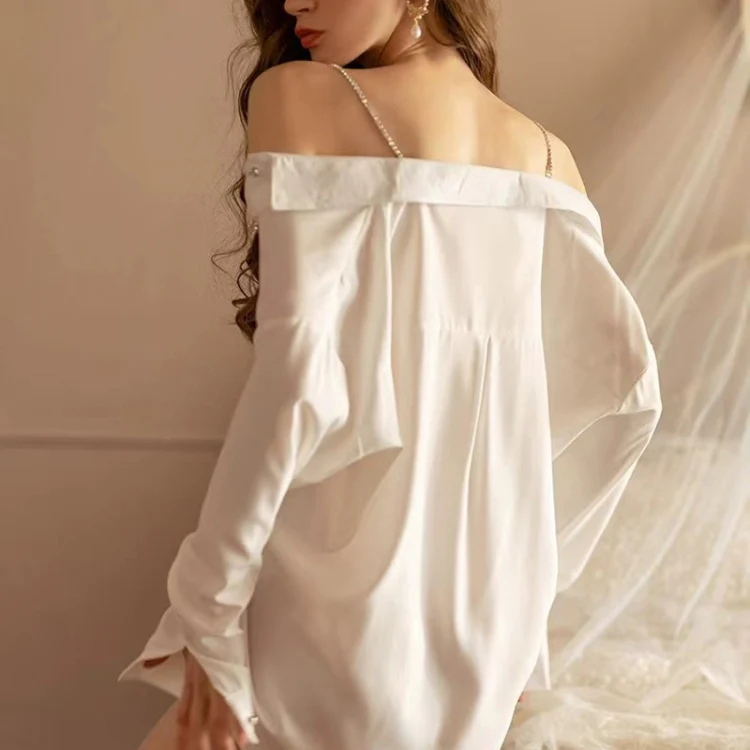 Transparent Chiffon Sexy Shirt Off-shoulder Suspender Nightdress, Free Size(White) - Image 4