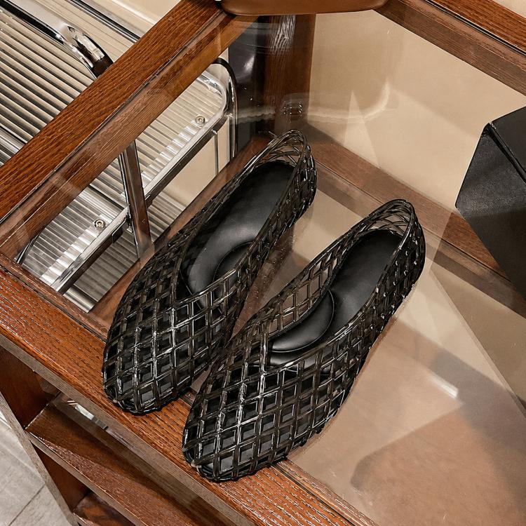 Transparent Jelly Crystal Toe-Cap Flat Hollow Sandals Breathable comfortable Shoes, Size: 37(Black)
