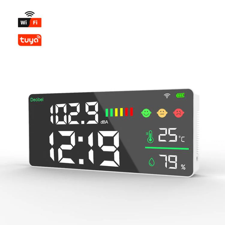 Tuya Smart 5-in-1 Wall-Mounted Noise Decibel Meter With Temperature, Humidity and Time Display, Spec: BASIC-C