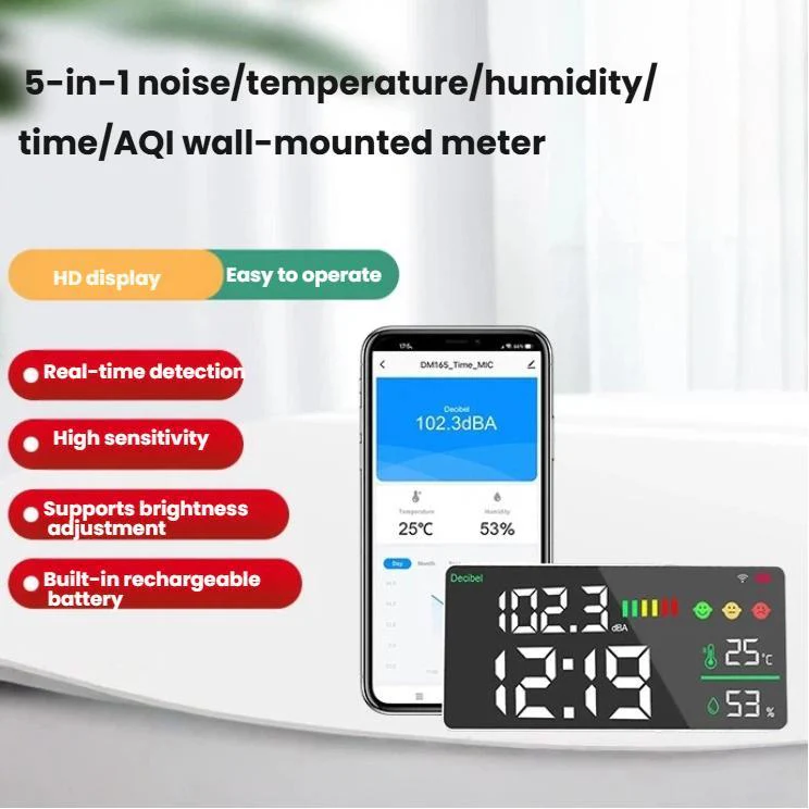 Tuya Smart 5-in-1 Wall-Mounted Noise Decibel Meter With Temperature, Humidity and Time Display, Spec: Upgraded - Image 2