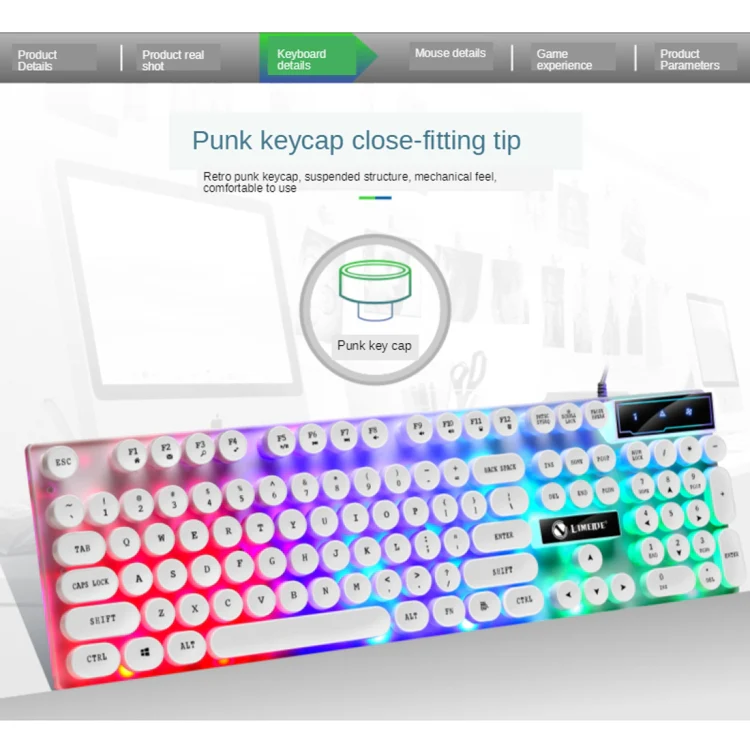 TX300 Mechanical Feel Backlight Punk Wired Keyboard Mouse Set (White) - Image 3