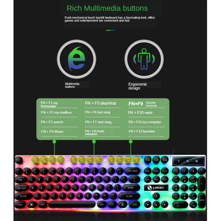 TX300 Mechanical Feel Backlight Punk Wired Keyboard Mouse Set (White) - Image 7