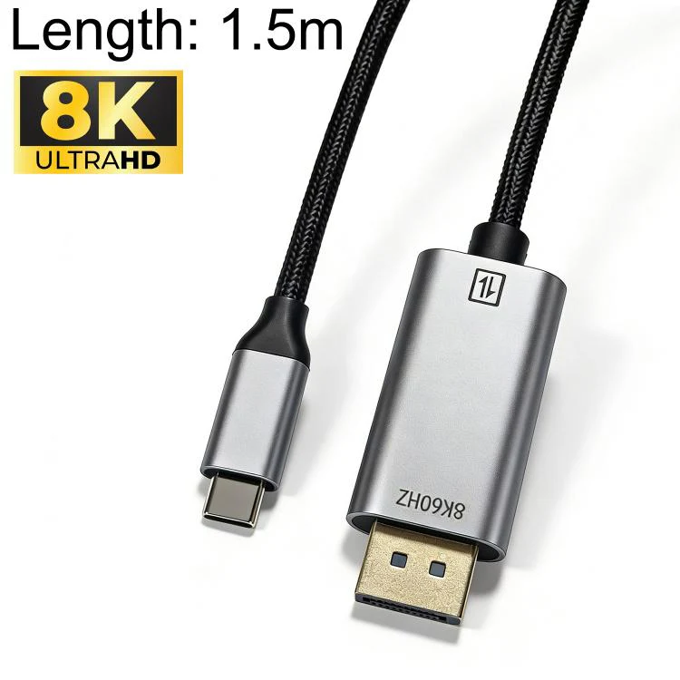 Type-C to DisplayPort 1.4 Ultra HD 8K Video Adapter Braided Cable, Length:1.5m 8K Bidirectional(Black Silver)