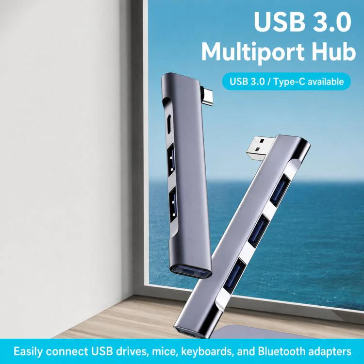 Type-C+USB 2.0 x 3+USB 3.0 Side-Bend 4 In 1 Expander Splitter External HUB - Image 2