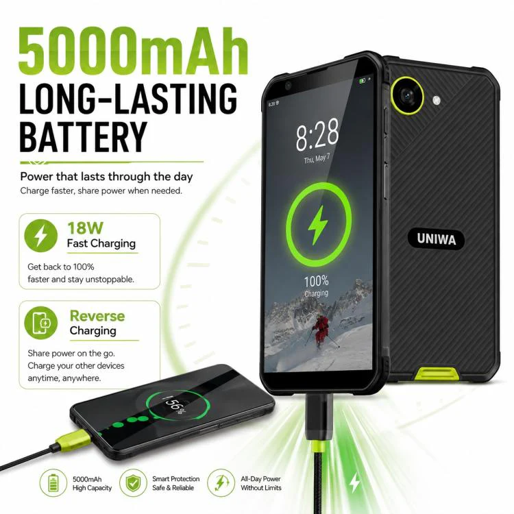 UNIWA F999 Rugged Phone, 4GB+64GB, 5.33 inch Android 16.0 Unisoc T615 UMS9230E Octa Core, PTT Button, Network: 4G, NFC, Plug:UK Plug(Black Green) - Image 8