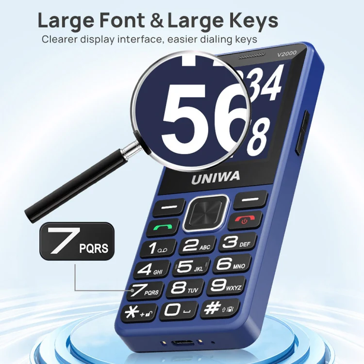 UNIWA V2000 Elder Keypad Phone, 2.4 inch Unisoc T107, 1700mAh Battery, LED Flashlight, SOS, Network: 4G, UK Plug (Blue) - Image 9