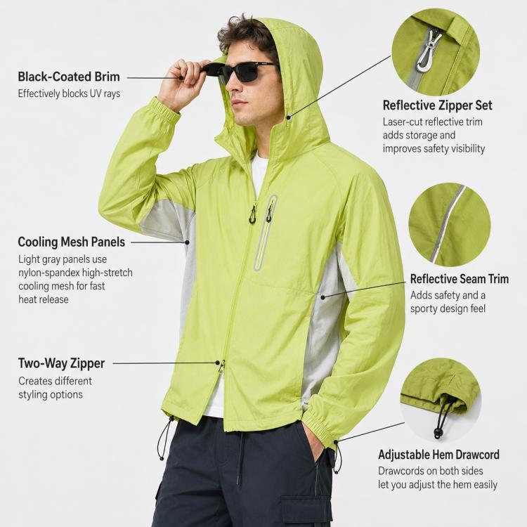 UPF50+ Lightweight Breathable Sun Protection Coat with Black Rubber Brim Hood, Size:2XL(Green) - Image 6