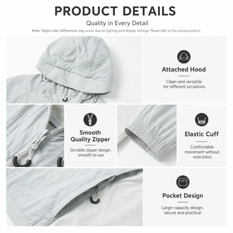 UPF50+ Lightweight Breathable Sun Protection Coat with Black Rubber Brim Hood, Size:S(Light Grey) - Image 9