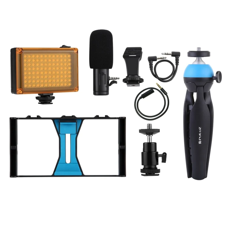 [US Warehouse] PULUZ 4 in 1 Vlogging Live Broadcast LED Selfie Light Smartphone Video Rig Kits with Microphone + Tripod Mount + Cold Shoe Tripod Head for iPhone, Galaxy, Huawei, Xiaomi, HTC, LG, Google, and Other Smartphones(Blue) - Image 6