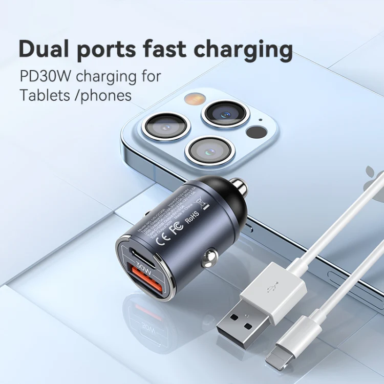 USAMS US-CC206 C38 PD30W USB + Type-C Dual Port Fast Charging Aluminum Alloy Car Charger(Tarnish) - Image 3
