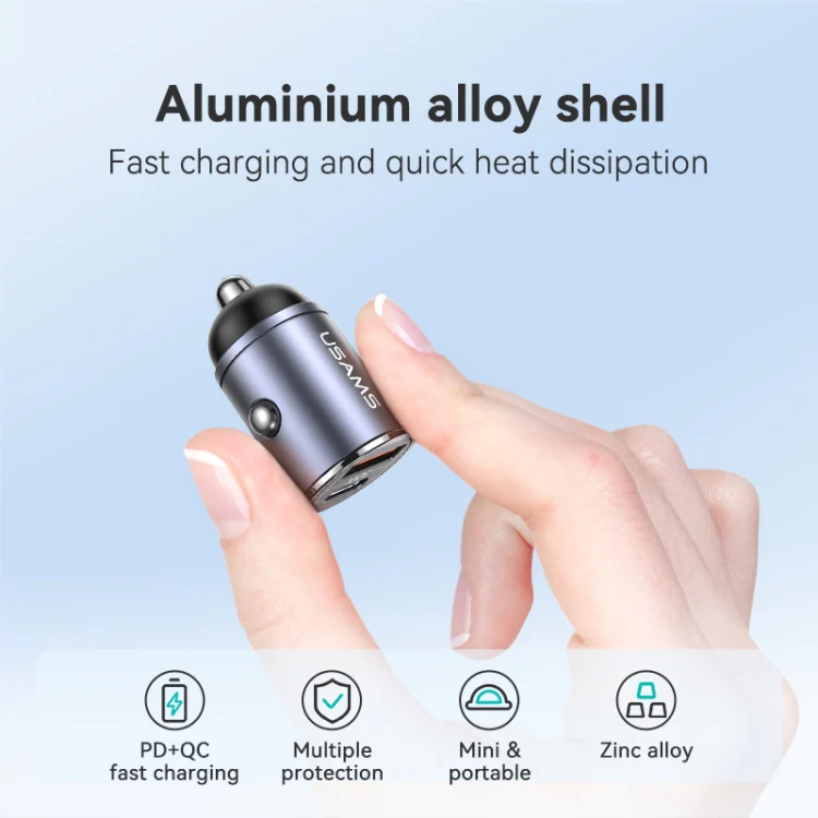 USAMS US-CC206 C38 PD30W USB + Type-C Dual Port Fast Charging Aluminum Alloy Car Charger(Tarnish) - Image 4