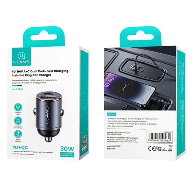 USAMS US-CC206 C38 PD30W USB + Type-C Dual Port Fast Charging Aluminum Alloy Car Charger(Tarnish) - Image 9